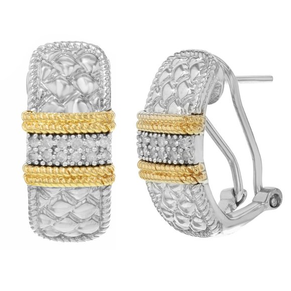 Round Cut Diamond Ladies Huggies Earrings 14k White & Yellow Gold 0.03cttw - Picture 2 of 3